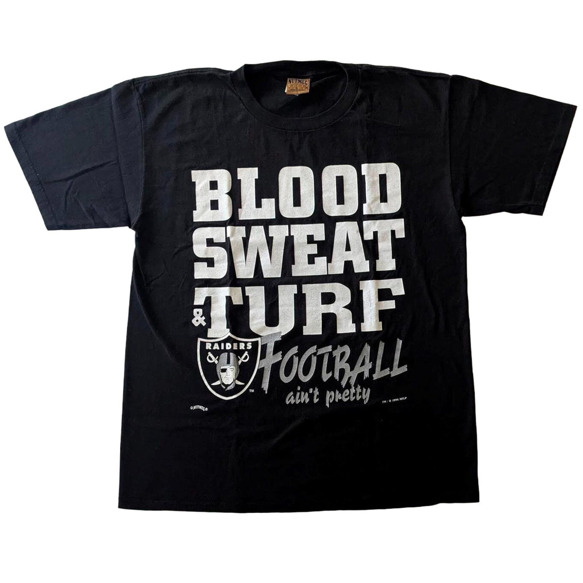 Vintage 1994 Nutmeg Los Angeles Raiders Blood Sweat Turf T-shirt front